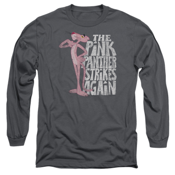 Charcoal men's long sleeve t-shirt with Pink Panther Strikes Again graphic