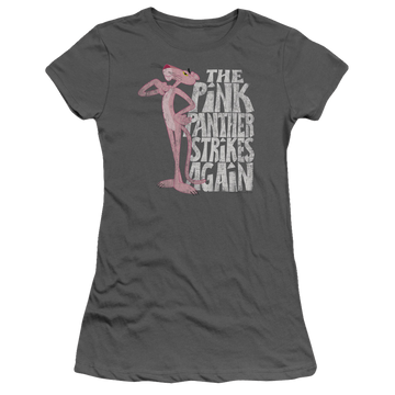Charcoal juniors t-shirt with Pink Panther Strikes Again graphic