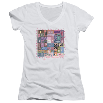 White juniors v-neck t-shirt with Pink Panther Vintage Titles graphic
