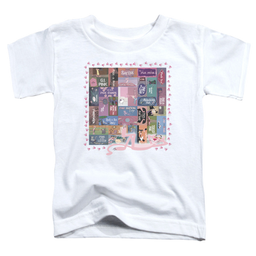 White kid's t-shirt for ages 4 to 7 with Pink Panther Vintage Titles graphic