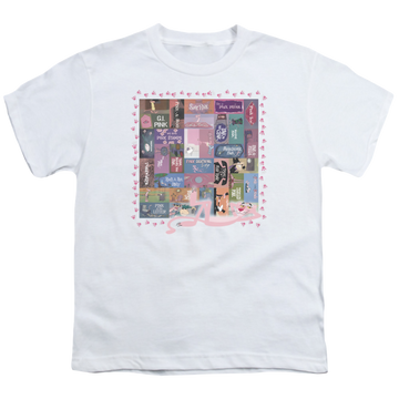 White youth t-shirt for ages 8 to 12 with Pink Panther Vintage Titles graphic