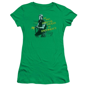 Kelly green juniors t-shirt with Delta Force Special Diplomacy graphic