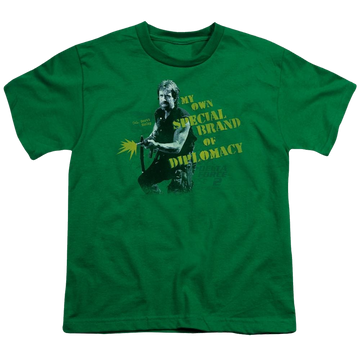 Kelly green youth t-shirt for ages 8 to 12 with Delta Force 2/Special Diplomacy graphic