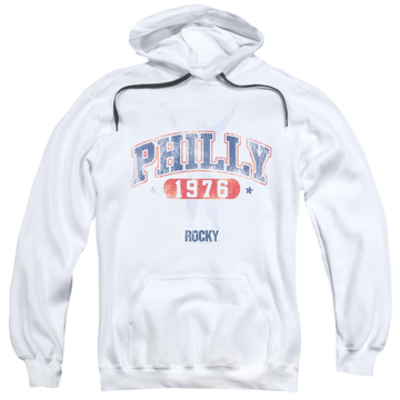 White pullover hoodie with MGM Rocky/philly 1976 graphic