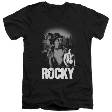 Black men's v-neck t-shirt with Rocky Making Of A Champ graphic