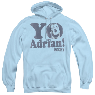 Light blue pullover hoodie with Rocky/Yo Adrian graphic