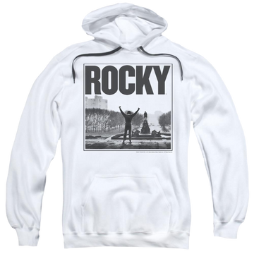 White pullover hoodie with Rocky/Top Of Stairs graphic