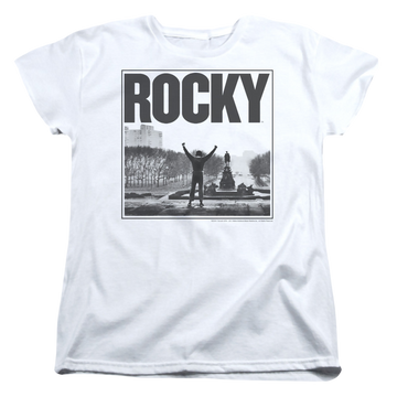 White women's t-shirt with Rocky/Top Of Stairs graphic