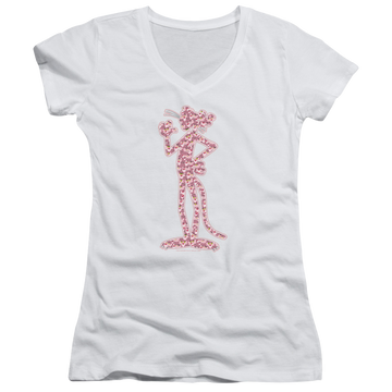 White juniors v-neck t-shirt with Pink Panther Heads graphic
