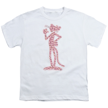 White youth t-shirt for ages 8 to 12 with Pink Panther Heads graphic