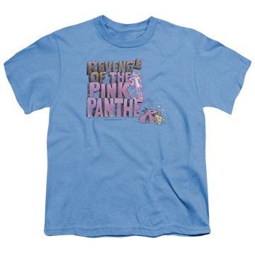 Carolina blue youth t-shirt for ages 8 to 12 with Pink Panther Revenge graphic