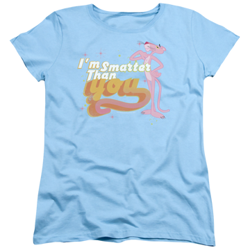 Light blue women's t-shirt with Pink Panther Smart Cat graphic