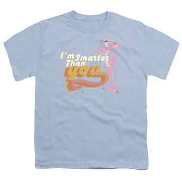 Light blue youth t-shirt for ages 8 to 12 with Pink Panther Smart Cat graphic