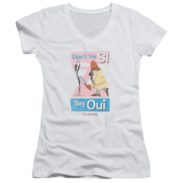 White juniors v-neck t-shirt with Pink Panther Say Oui graphic
