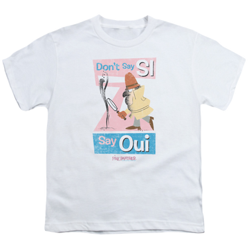 White youth t-shirt for ages 8 to 12 with Pink Panther Say Oui graphic