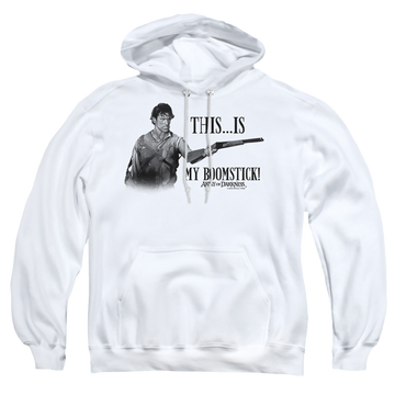 White pullover hoodie with Army of Darkness Boomstick! graphic