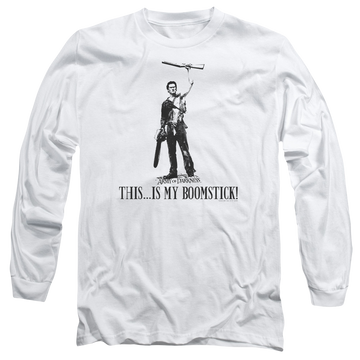White men's long sleeve t-shirt with Army of Darkness Boomstick! graphic