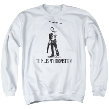 White men's crewneck sweatshirt with Army of Darkness Boomstick! graphic