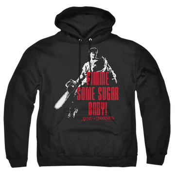 Black pullover hoodie with Army of Darkness Sugar graphic