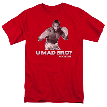 Red men's regular fit t-shirt with Rocky III U Mad Bro graphic
