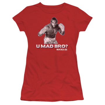 Red juniors t-shirt with Rocky III U Mad Bro graphic