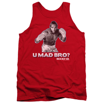Red men's tank with Rocky III U Mad Bro graphic