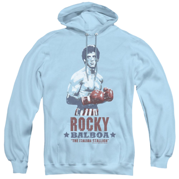 Light blue pullover hoodie with Rocky graphic
