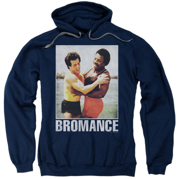 Navy pullover hoodie with Rocky Bromance graphic