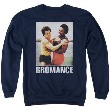 Navy men's crewneck sweatshirt with Rocky Bromance graphic