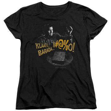 Black women's t-shirt with Army of Darkness Klaatu...barada graphic