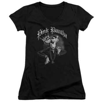 Black juniors v-neck t-shirt with Pink Panther Pink Pantha graphic