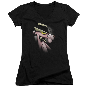 Black juniors v-neck t-shirt with Pink Panther Smooth Panther graphic