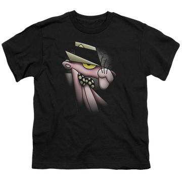Black youth t-shirt for ages 8 to 12 with Pink Panther Smooth Panther graphic