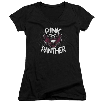 Black juniors v-neck t-shirt with Pink Panther Spray Panther graphic