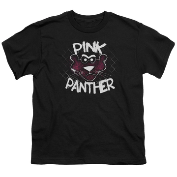 Black youth t-shirt for ages 8 to 12 with Pink Panther Spray Panther graphic