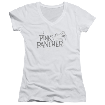 White juniors v-neck t-shirt with Pink Panther Sketch Logo graphic