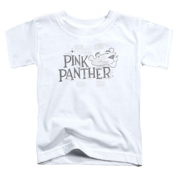 White kid's t-shirt for ages 4 to 7 with Pink Panther Sketch Logo graphic