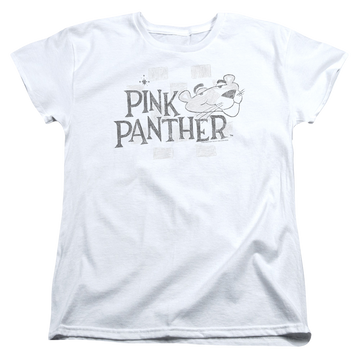 White women's t-shirt with Pink Panther Sketch Logo graphic