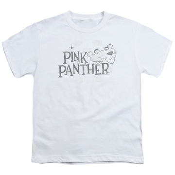 White youth t-shirt for ages 8 to 12 with Pink Panther Sketch Logo graphic