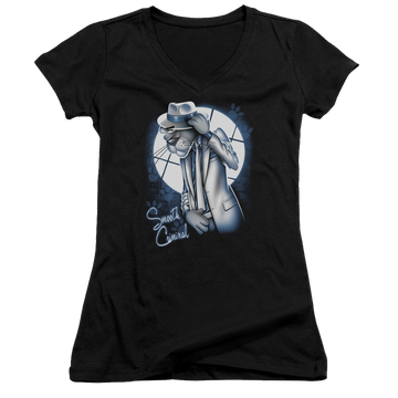 Black juniors v-neck t-shirt with Pink Panther Smooth Criminal graphic