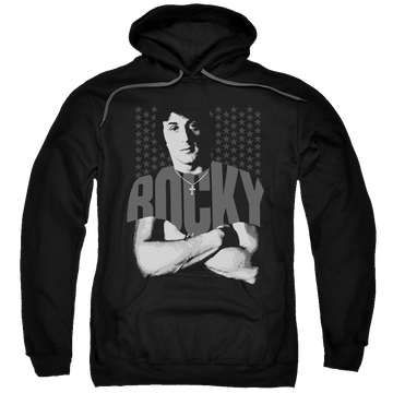 Black pullover hoodie with Rocky Shirt graphic