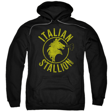 Black pullover hoodie with Rocky Italian Stallion Horse graphic