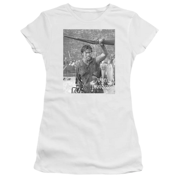 White juniors t-shirt with Army of Darkness Boom graphic