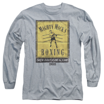 Athletic heather men's long sleeve t-shirt with Creed Micks Poster graphic