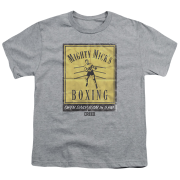 Athletic heather youth t-shirt for ages 8 to 12 with Creed Micks Poster graphic