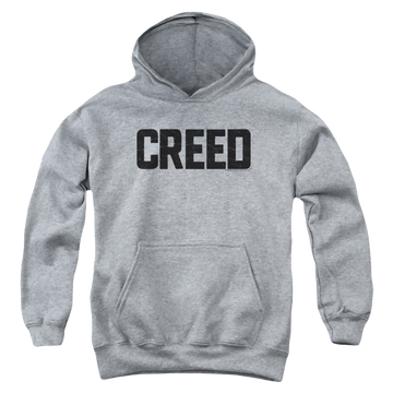 Athletic heather youth hoodie for ages 8 to 12 with Creed Cracked Logo graphic
