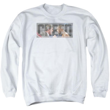 White men's crewneck sweatshirt with Creed Pep Talk graphic
