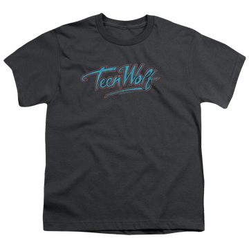 Charcoal youth t-shirt for ages 8 to 12 with Teen Wolf Neon Logo graphic