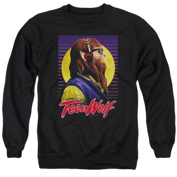 Black men's crewneck sweatshirt with Teen Wolf Headphone Wolf graphic