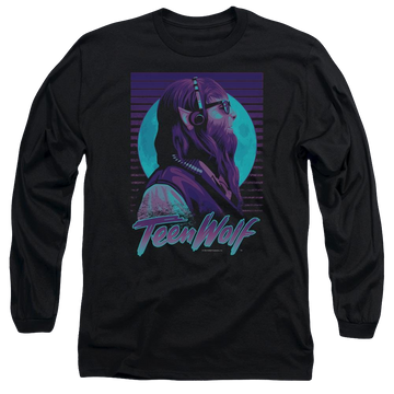 Black men's long sleeve t-shirt with Teen Wolf Headphone Wolf graphic